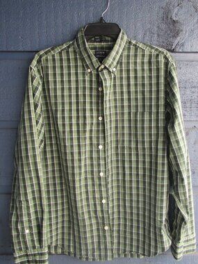 J. CREW performance Men's Plaid Button-Down Shirt Cotton Size L Green/white